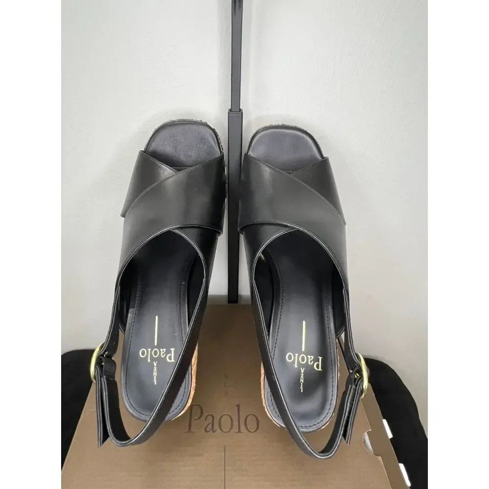 Linea Paolo Valery-L Black Leather Platform Wedge Sandals Size 8.5 NIB